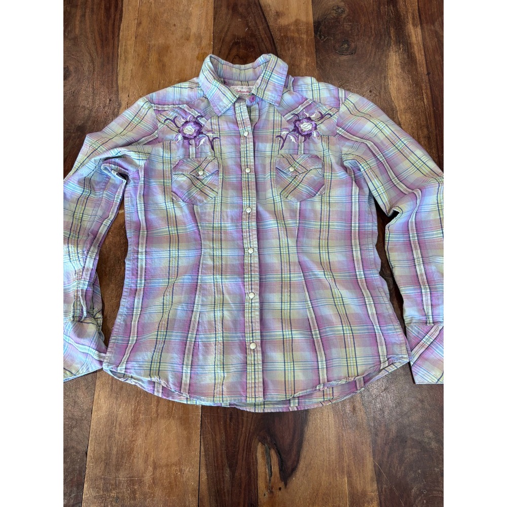 Panhandle Slim western shirt women sz small purple plaid floral pearl snap top
